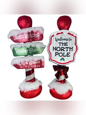 Gemmy Christmas Santa’s Workshop & North Pole Plush Holiday Decor Signs 24”
